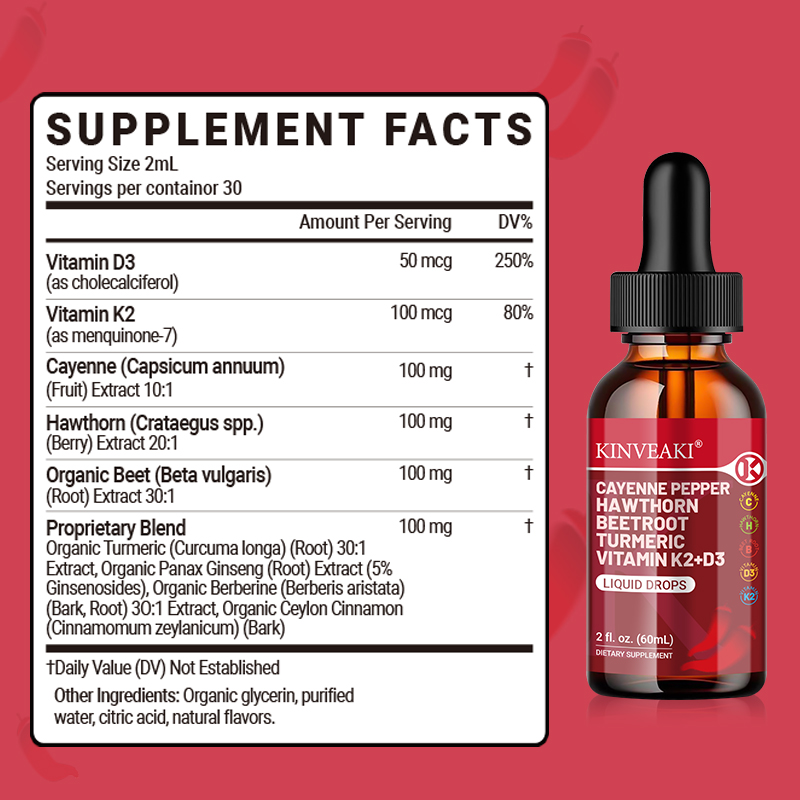 Cayenne Pepper Hawthorn Beet Root Turmeric Vitamin K2+D3 Drops
